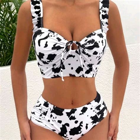 Swim New Cow Print Ruffle Trim Knot Front Bikini Swimsuit Poshmark