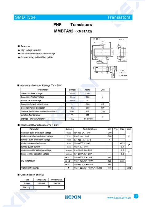 MMBTA92 Datasheet PNP Silicon High Voltage Transistors