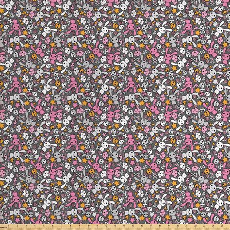 Ambesonne Cartoon Fabric By The Yard Upholstery Kawai Bunnies Clouds