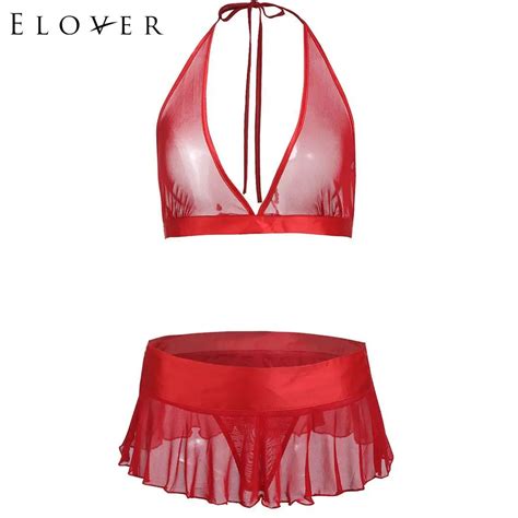 Elover Women Sexy Suit And Set Erotic Bra V Neck Sexy Mesh See Through Lingerie Set Women Mini