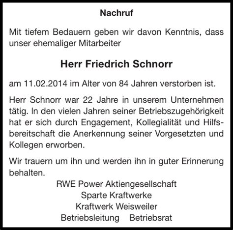 Traueranzeigen Von Friedrich Schnorr Aachen Gedenkt