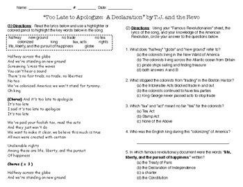 Too Late To Apologize: A Declaration Song Lyrics and Activity Sheet