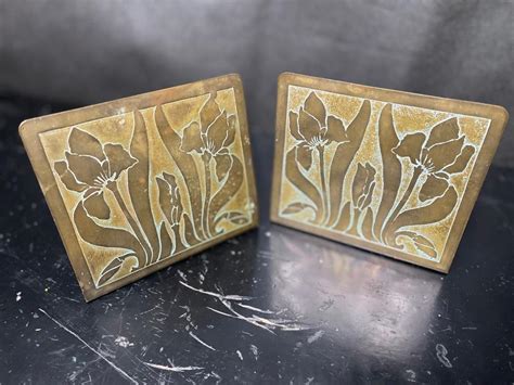 Lot Art Nouveau Acid Etched Brass Bookends