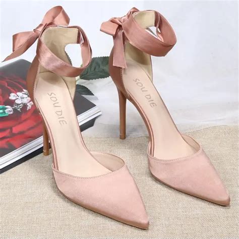 Flotte Nude Satin Galla Sandaler Dame 2020 Sløjfe Ankel Strop 10 cm Stiletter Spidse Tå Sandaler