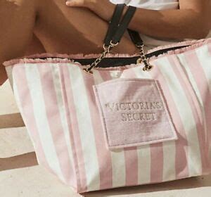 Victorias Secret Pink White Stripe Canvas Tote Beach Bag NWT June