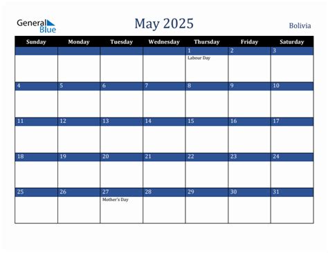 May 2025 Bolivia Holiday Calendar