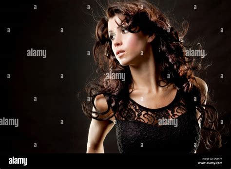 Fashion Model Brunette Wearing Black Outfit On Black Background Stock Photo Alamy