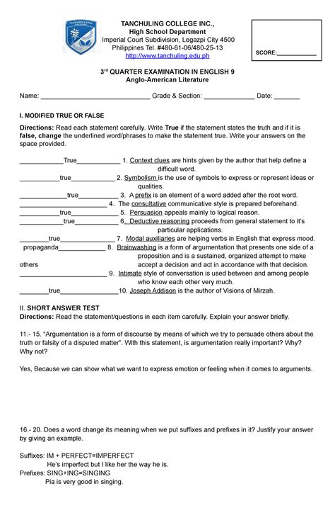 Grade 9 English Final Exam Practice 3