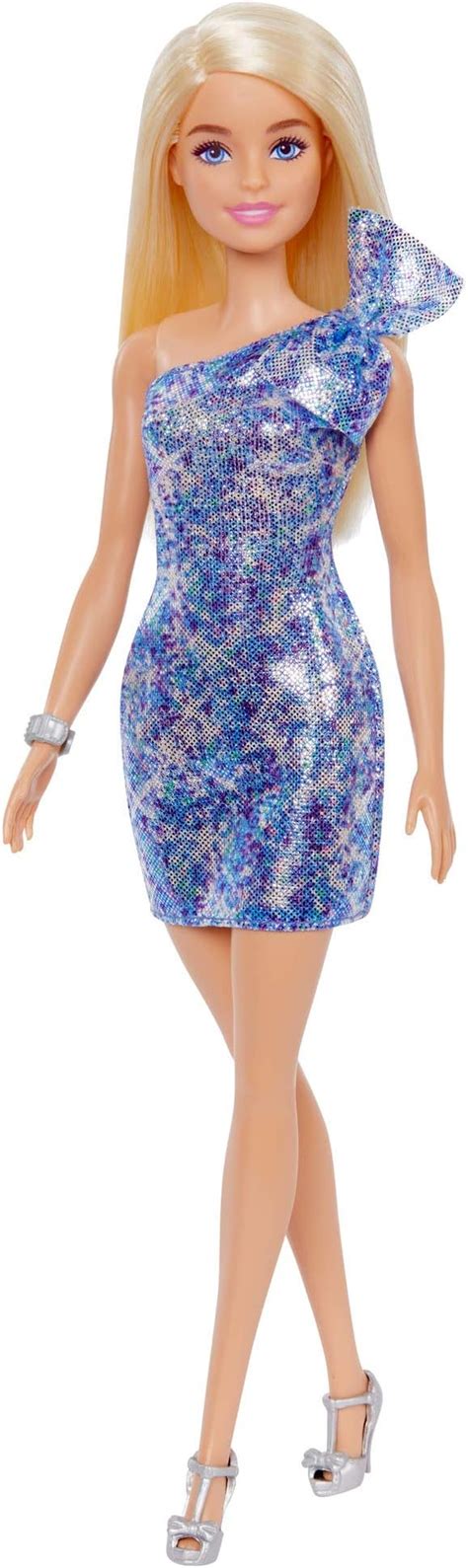Amazon Barbie Blonde Hair Blue Eyes With Short Blue Sequins Mini Dress And Silver Platform