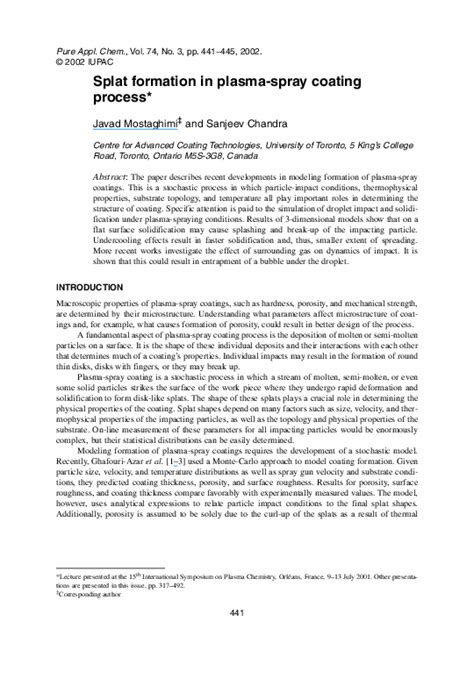 Pdf Dynamics Of Splat Formation In Plasma Spray Coating Process