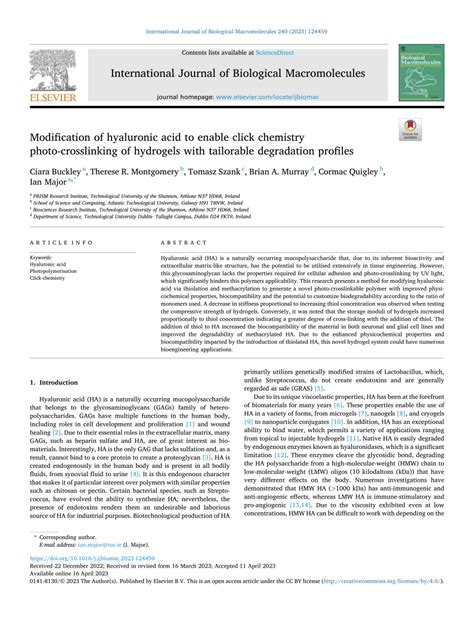 Pdf Modification Of Hyaluronic Acid To Enable Click Chemistry Photo