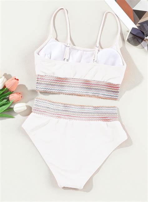 Snapklik Womens White Bikini Sets Contrast Trim Piece High Waisted Swimsuit Scoop Neck