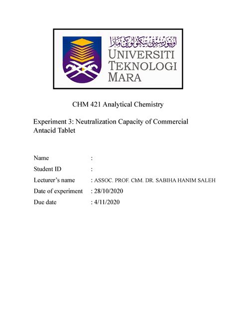 Antacid Lab Report Analytical Chemistry UiTM Studocu