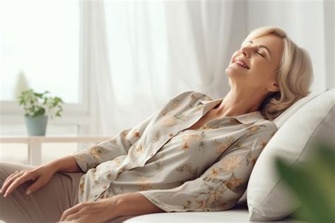 Premium Photo Cheerful Sleepy Blonde Older Lady Lying On Couch