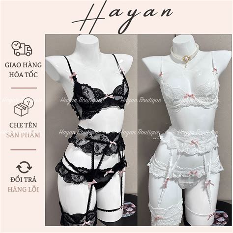 HT Set cosplay nội y ren bộ đồ lót lingerie bralette kèm dây đai nối đùi gợi cảm HT