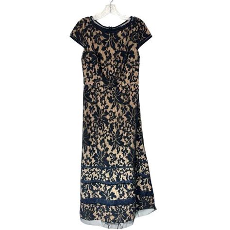 Tadashi Shoji Dresses Tadashi Shoji Navy Nude Embroidered Lace Cap Sleeve Formal Maxi Gown