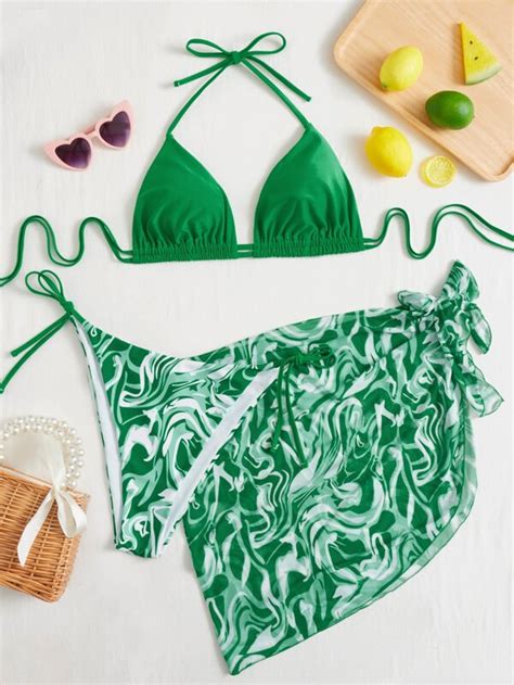 Plus Marbled Print Bikini Set Halter Triangle Bra Tie Side Bikini Beach Skirt 3 Piece