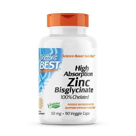 Doctor S Best Zinc Bisglycinate High Absorption 100 Chelated 50mg Veggie Caps 90 Count