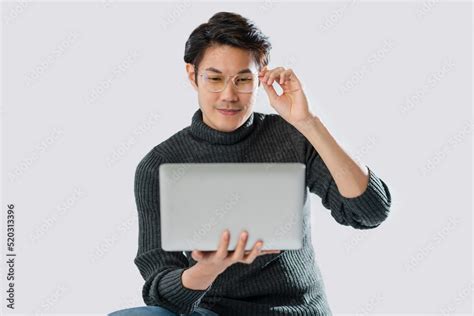 Smart Attractive Asian Mature Adult Male Wear Glasses Hand Using Laptop Online Working Studio