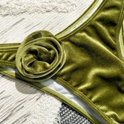 Womens Olive Green Velvet Bikini Set With Rosettes On Luulla