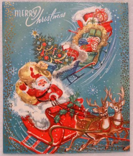 407 50s Santa Sleigh Reindeer Vintage Christmas Card Greeting