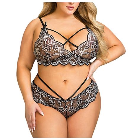 QENGING Lingerie For Women Plus Size Sexy Lace Wireless Bra Sleepwear Pajamas Underwear Set