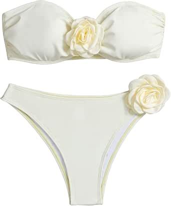 Amazon Wdirara Women S Floral Appliques Strapless Bandeau Bikini Swimsuit Piece Bathing