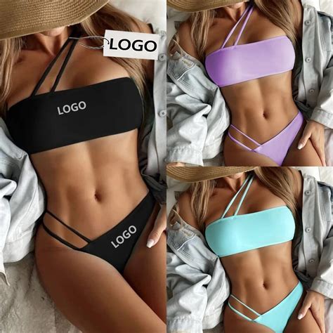 Custom Logo Sexy String Bikini Set Macaroon Colour Thong Swimwear Solid Quick Dry Women S One