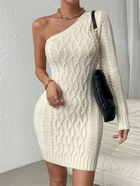 One Shoulder Cable Knit Bodycon Sweater Dress In 2024 Clothes For