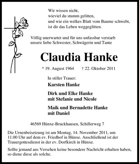 Traueranzeigen Von Claudia Hanke Trauer In NRW De