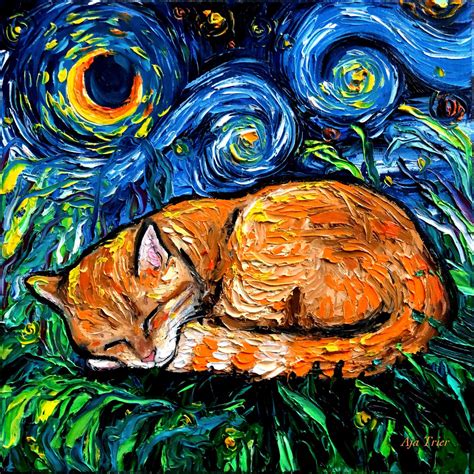 My oil painting of a sleepy orange tabby on a Starry Night : cats