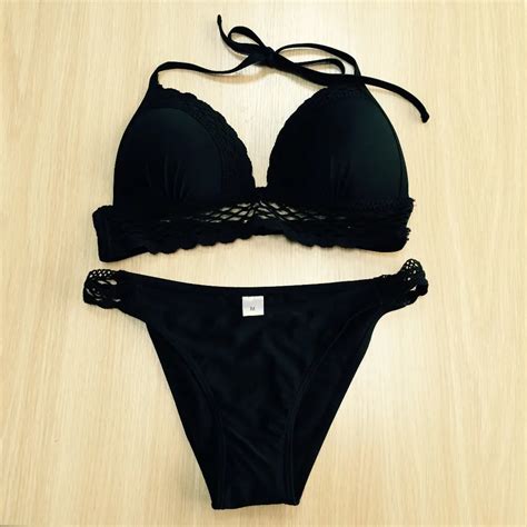 Black Solid Mesh Bikini Sets Sexy Lace Crochet Swimwear Push Up Wire Inside Outlook Bathing Suit