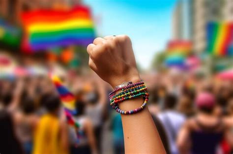 Mano haciendo señal de poder de puño con banderas lgbtq y desfile gay borrosa en el fondo mano