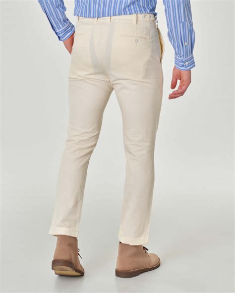 Pantalone Chino Color Panna In Misto Cotone E Lino Stretch