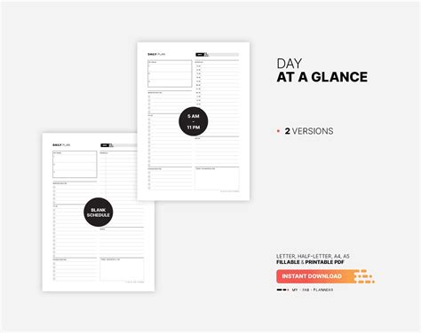 Day At A Glance Printable Productivity Planner Fillable Daily Goal