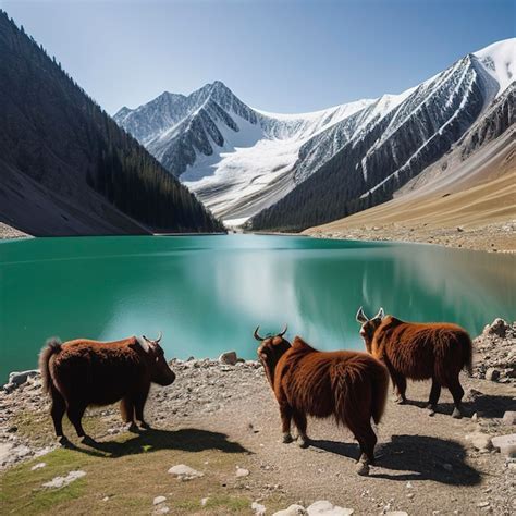 Premium Ai Image Alpine Yaks Drinking Water In The Baisha Lake Of