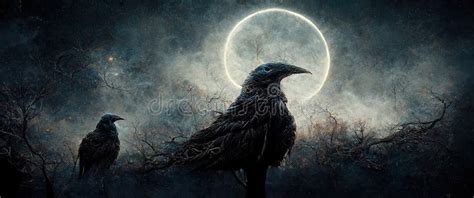Black Ravens In Moonlight Perched On Tree Scary Creepy Gothic Stock
