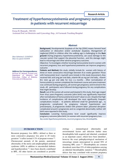 (PDF) Treatment of hyperhomocysteinemia and pregnancy outcome in patients with recurrent miscarriage