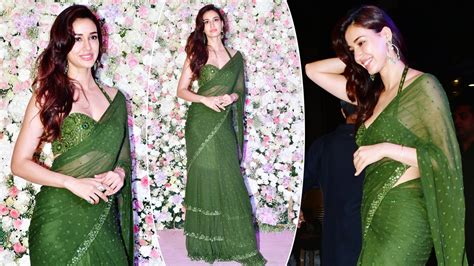Disha Patani Strikes Style Statement In Green Emerald Saree With Deep Neck Bikini Blouse Hot Pics