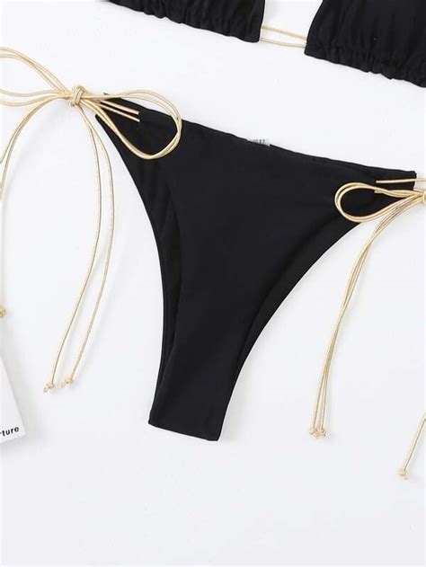 Shein Swim Sxy Metallic String Bikini Set Halter Triangle Bra Thong Bottom Piece Bathing