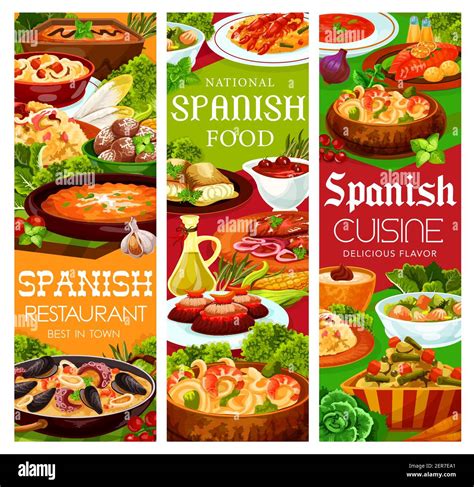 Spanish Cuisine Food Menu Paella Seafood And Tapas Vector Snacks