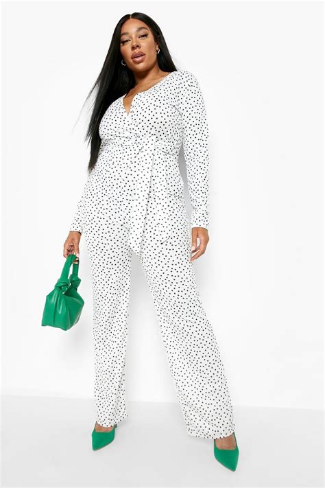 Plus Polka Dot Wrap Wide Leg Jumpsuit Boohoo