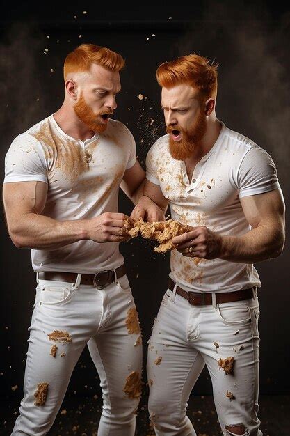 Handsome Ginger Gay Men In White Shirt And White Jeans Having A Good Fight Both Covered In Messy