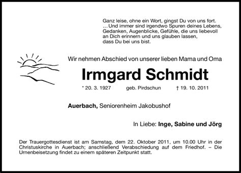 Traueranzeigen Von Irmgard Schmidt Trauer Nn De