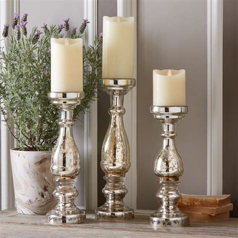 Twos Company Mercury Glass Pillar Candleholders Set Of 3 Mercury