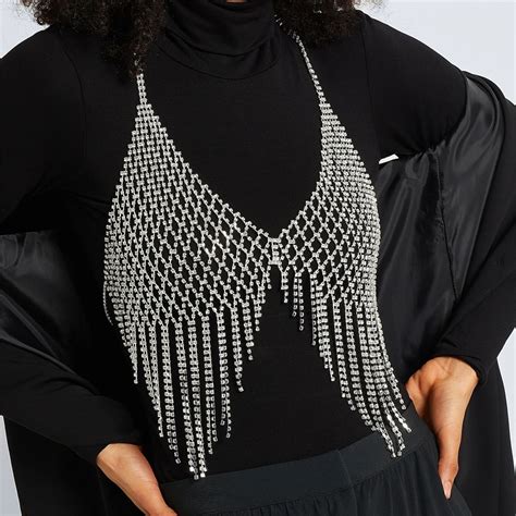 Luxury Mesh Rhinestone Tassel Bra Chain Bikini Body Accessories Festival Clothing Sexy Crystal