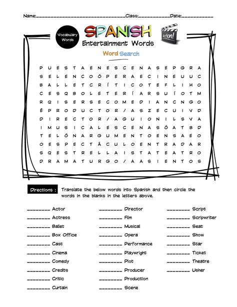 Spanish Entertainment Vocabulary Word Search And Answer Key Made By Teachers