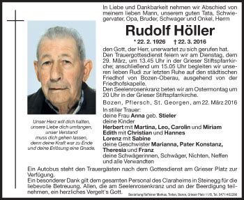 Traueranzeigen von Rudolf Höller Trauer bz