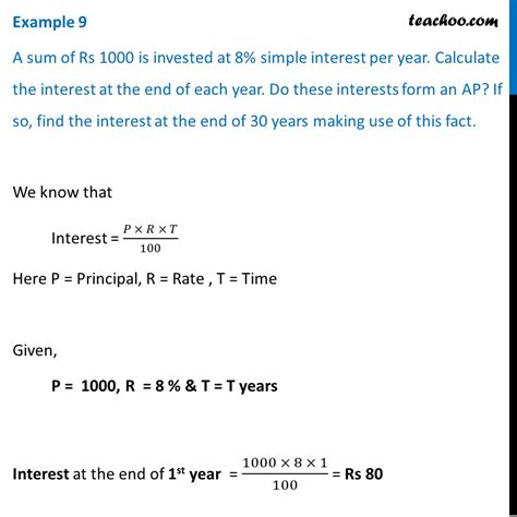 Example 9 A Sum Of Rs 1000 Is Invested At 8 Simple Interest