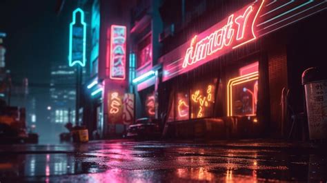 Premium Ai Image A Dark City Street With Neon Lights And A Sign That